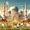 a herd of goats and cows is grazing on the grass in front of a large mosque in the village.