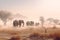 A herd group of a family of African elephants on the Savanah prairie at sunset. AI generated.