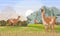 A herd of guanaco lamas in a mountainous area with rocks, grass and bushes. Lama guanicoe. Wild animals of South America