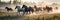 Herd of horses galloping in the morning mist. Panorama banner