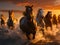 A herd of horses galloping on the sea waves at sunset. Running horses in the sunlight on the beach. Generative AI