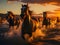 A herd of horses galloping on the sea waves at sunset. Running horses in the sunlight on the beach. Generative AI