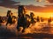 A herd of horses galloping on the sea waves at sunset. Running horses in the sunlight on the beach. Generative AI