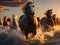 A herd of horses galloping on the sea waves at sunset. Running horses in the sunlight on the beach. Generative AI