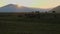 A herd of horses in the mountains against a sunset backdrop. The concept of pets in the wild