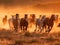 Herd of horses running in dusty meadow at sunset. Generative Ai