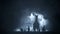 Herd of horses running to camera under an epic lightning storm