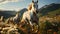Herd of horses runs among mountains flowers fields sunlight background. Generative AI