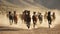 A herd of wild mustangs running across a desert landscape