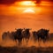 a herd of wildebeests at sunset