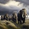 Herd of Woolly Mammoths Grazing on a Grassland Tundra