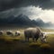 Herd of Woolly Rhinos Grazing in a Grassy Meadow