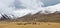 A herd of yaks in front of snowy mountains in clouds in Tibet panoramic view