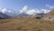 A herd of yaks graze in a meadow near the Base Camp under Lenin Peak. The amazing nature of Kyrgyzstan