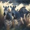A herd of zebras galloping across a sun-soaked savannah