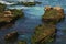 Herds of sea lions resting on the rocky island in the middle of the ocean. Pacific ocean wild life. Seals on the cliff in the sea