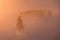 Herdsmen running with group of horses on the snowfields of the grassland in Inner Mongolia, China, in winter, in early morning.