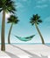Here is a 3-D render illustration of a man lying in a hammock strung between two small palm trees on a tropical beach with white