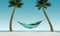 Here is a 3-D render illustration of a man lying in a hammock strung between two small palm trees on a tropical beach with white