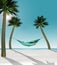 Here is a 3-D render illustration of a man lying in a hammock strung between two small palm trees on a tropical beach with white