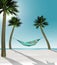 Here is a 3-D render illustration of a man lying in a hammock strung between two small palm trees on a tropical beach with white