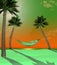 Here is a 3-D render illustration of a man lying in a hammock strung between two small palm trees on a tropical beach with white