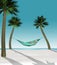 Here is a 3-D render illustration of a man lying in a hammock strung between two small palm trees on a tropical beach with white