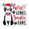 Here comes Santa paws - funny saying with cute boston terrier in Santa hat.