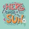 Here comes the sun typography banner with butterflies, flowers and swirls