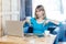 Here and now! Portrait of angry unhappy young businesswoman in blue blouse are sitting in cafe and having bad mood are showing