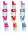 Here are three versions of the word â€œLOVEâ€ in 3-d block letters in different colors