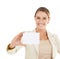 Heres great business advice for you...An attractive businesswoman holding a blank card.