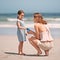 Heres some ocean lotion. a young mother giving her daughter some suntan lotion at the beach.