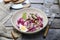 Heringssalat. Beetroot salad with herring, parsley and egg dressing