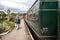 Heritage restored train carriage at railway station platform with Grosmont destination displayed.  North Yorkshire Moors Railway