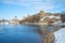 Herman`s Castle and Ivangorod fortress on the border river Narva March afternoon