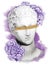 Hermes head statue with a purple pionies flowers on a white background