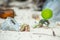 Hermit crabs surviving at the polluted dirty beach among plastic bottles and garbage at the tropical island