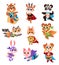 Hero animals characters. Cute children animals superheroes in active poses collection, fun kids creatures panda and