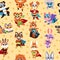 Hero animals seamless pattern. Kids superhero beasts, costume mask characters, comic superpowers creatures and stars