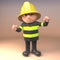 Heroic cartoon firefighter fireman character in high visibility clothing cheers, 3d illustration