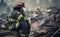 Heroic Effort, A fireman exhausted and sad sitting on collapsed building rubble, Generative AI