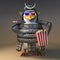 Heroic Japanese samurai penguin warrior eats popcorn while watching a 3d movie, 3d illustration