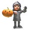 Heroic medieval knight in armour holding a Halloween pumpkin, 3d illustration