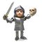 Heroic medieval knight in armour holds a skull aloft in victory, 3d illustration