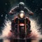 Heroic Portrait Illustration of Motorcyclist In Splashing Water