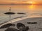 Heron on rock at beach at sunset