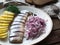 Herring fish with potatoes slices and red onion