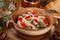 Herring salad for christmas on wooden table