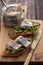 Herring sandwich traditional Danish smorrebrod on cutting boar